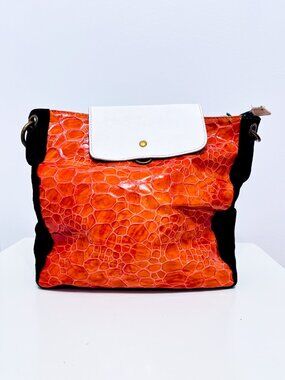 EBARRITO Orange Burgundy Metallic Leather Suede Colorblock Shoulder Bag